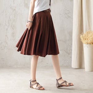 Women Pleated Circle Knee Length Linen Skirt, Swing Midi Skirt, A Line Flare skirt, Brown skirt, Vintage Summer skirt, Custom Skirt 2589 image 3