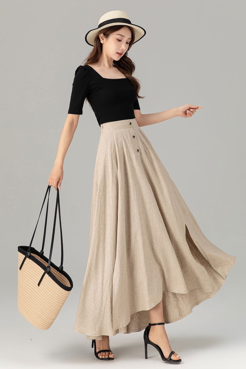 Linen Skirt, Long Skirt, Maxi Skirt, Beige linen Skirt, A-Line Linen Skirt, Swing Skirt, Women Linen Skirt, High Waist Skirt, Xiaolizi 4931 image 3