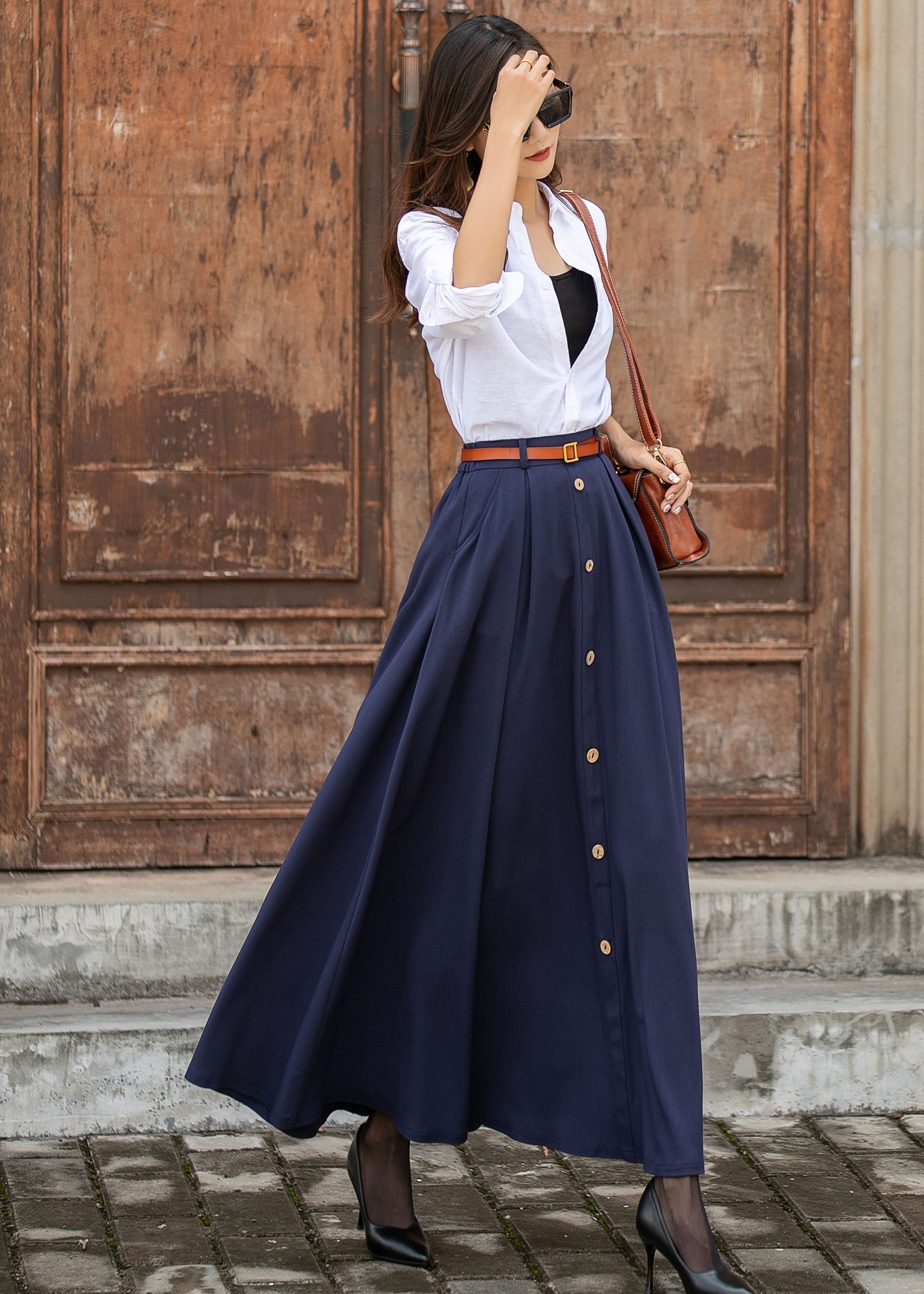 Navy blue top skirt linen