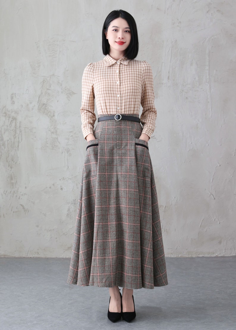 Edwardian Ladies Clothing – 1900, 1910s, Titanic Era     Long Wool Skirt Maxi Plaid Skirt High Waist Wool Skirt Elastic Waist Skirt A-Line Full Skirt Retro Swing Skirt Women Xiaolizi 3837#  AT vintagedancer.com