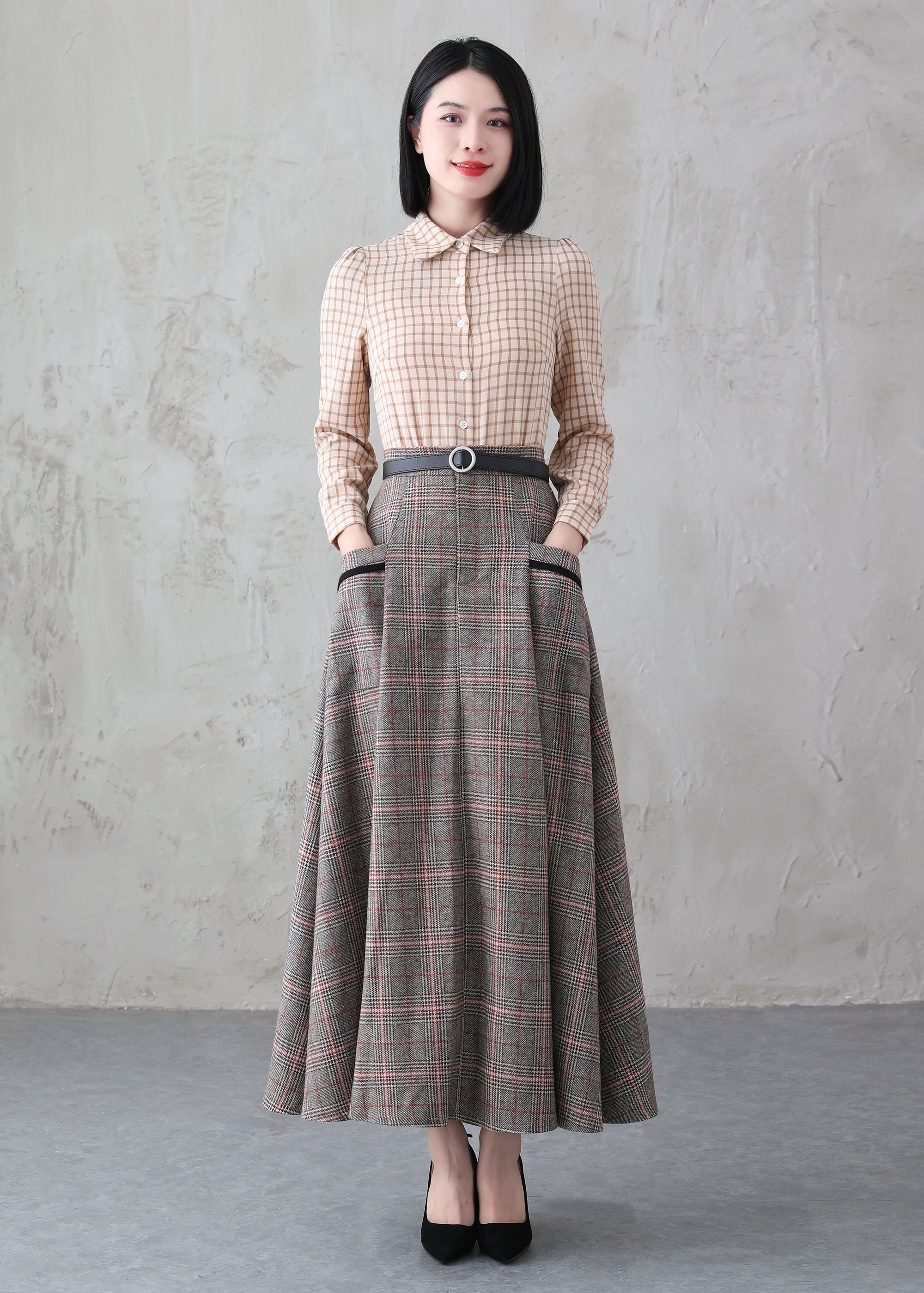 【BAON】Rooming Check Wool Banding Pleated Long Skirt Long Wool Skirt, Maxi Plaid Skirt, High Waist Wool Skirt