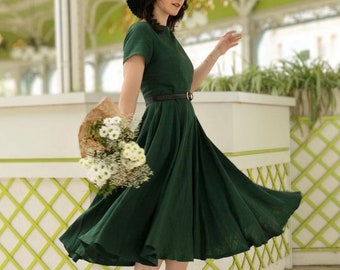 Vintage 1950s Short Sleeve Green Linen Midi Dress, Fit and Flare Dress, Summer Swing Linen Dress with Pockets, Women Modest Linen Dress 3482
