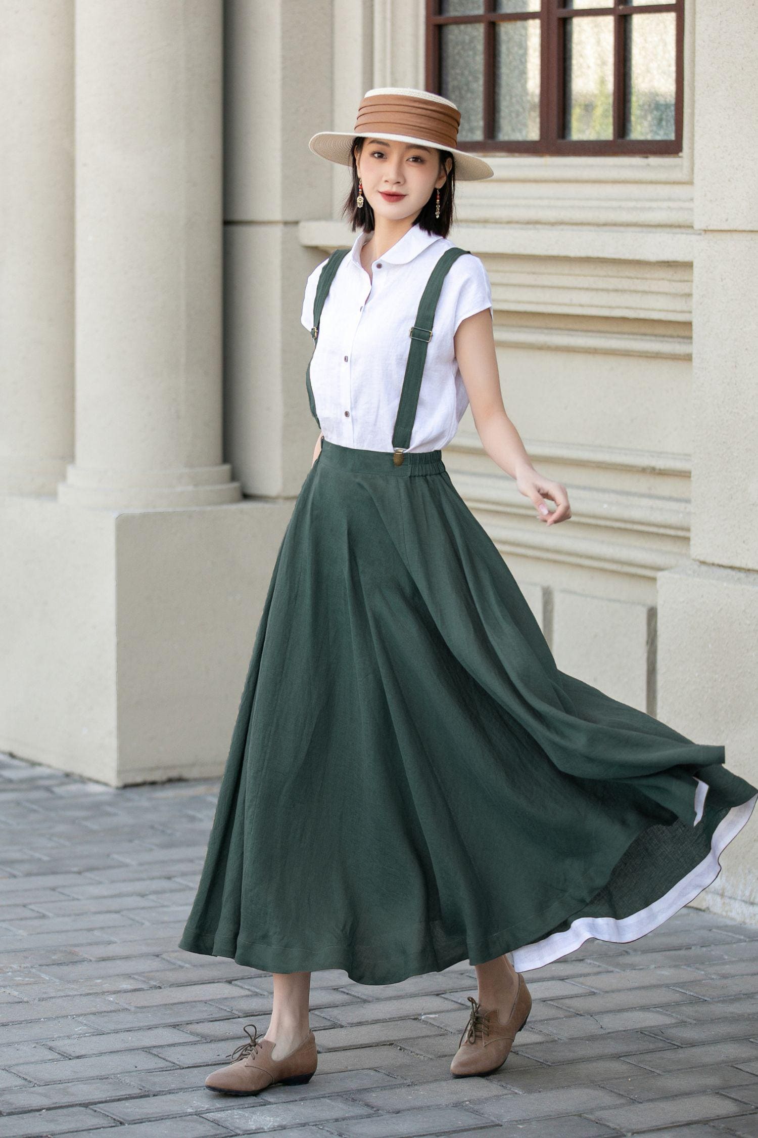 Green Linen Suspender Skirt - High-waisted A Line Midi Skirt