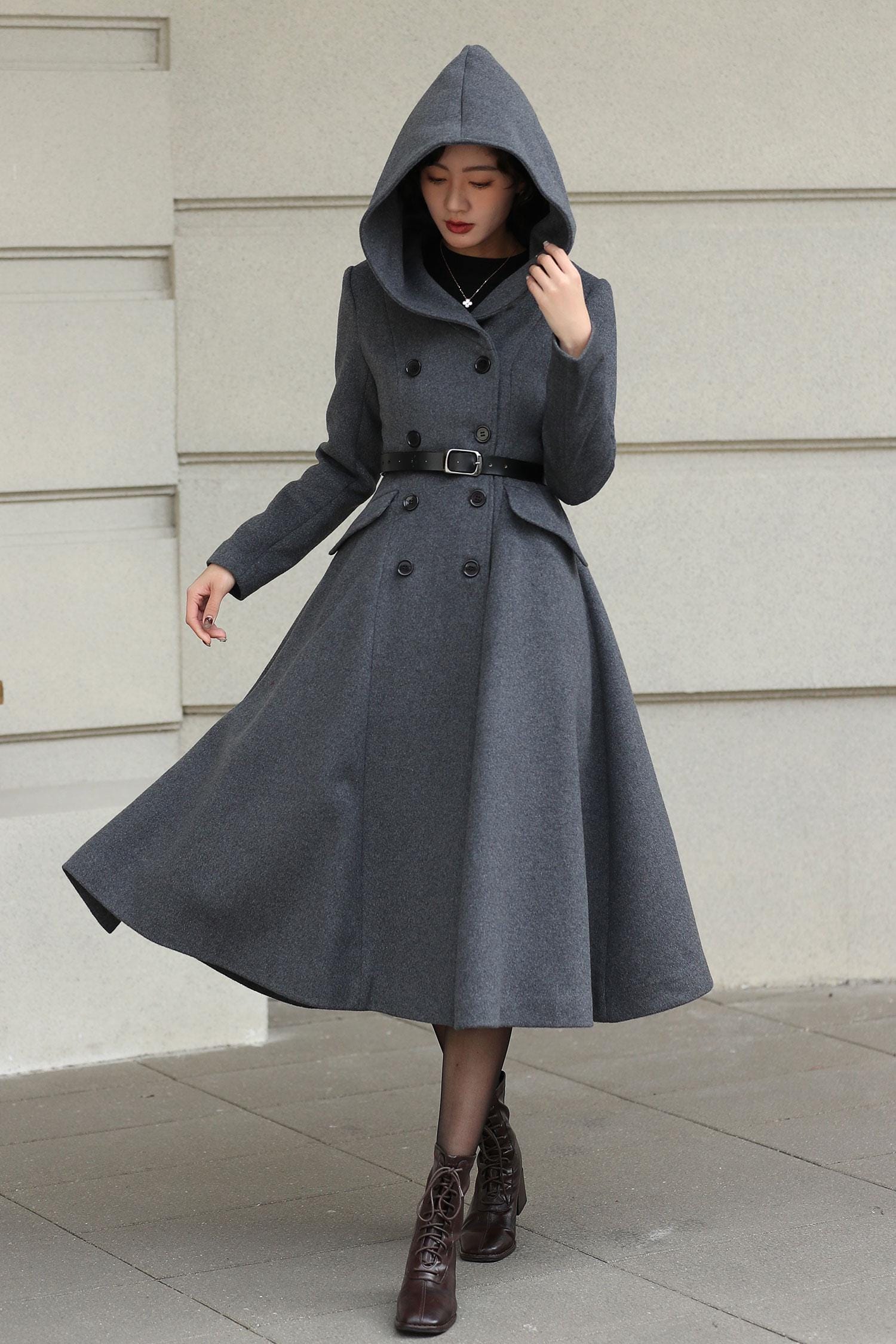 DOUBLE BREASTED MID COAT グレー Hooded Wool Swing Coat, Double-breasted Midi Coat, Custom