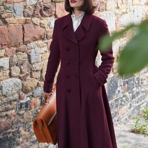 Wool Coat, Wine Red Wool Princess Coat, 1940s wool coat, Long Wool Coat, Winter Coat women, Wool Coat Women, Warm Wool Coat, Xiaolizi 3864 image 8