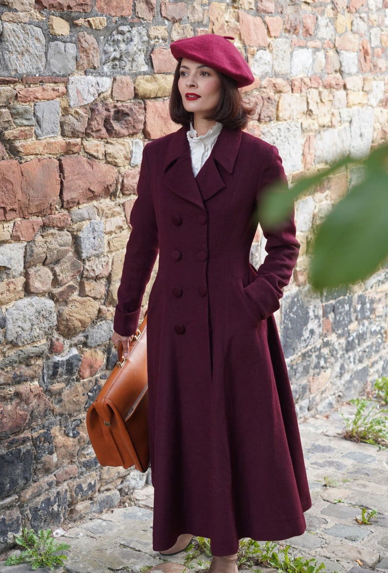 Wool Coat, Wine Red Wool Princess Coat, 1940s wool coat, Long Wool Coat, Winter Coat women, Wool Coat Women, Warm Wool Coat, Xiaolizi 3864 image 8