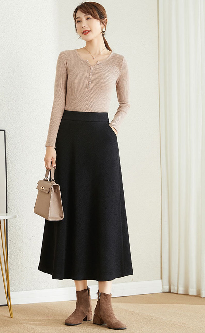 A-Line wool skirt, Beige wool skirt, Long wool skirt, Women's wool skirt with pockets, Casual skirt, Autumn winter outfits, Xiaolizi 3861 2-Black