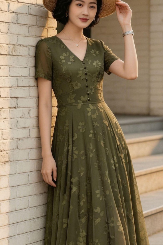 Olive Green Floral Chiffon Summer Maxi Dress, V Neck Short Sleeve Prom Dress, Vintage Flowy Swing Dress, Xiaolizi 6832#