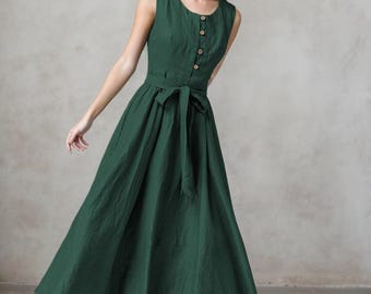Green Linen Dress, Sleeveless Linen dress, Casual Linen Midi Dress, Summer Belted Linen dress with pockets, Custom dress, Xiaolizi 4182#