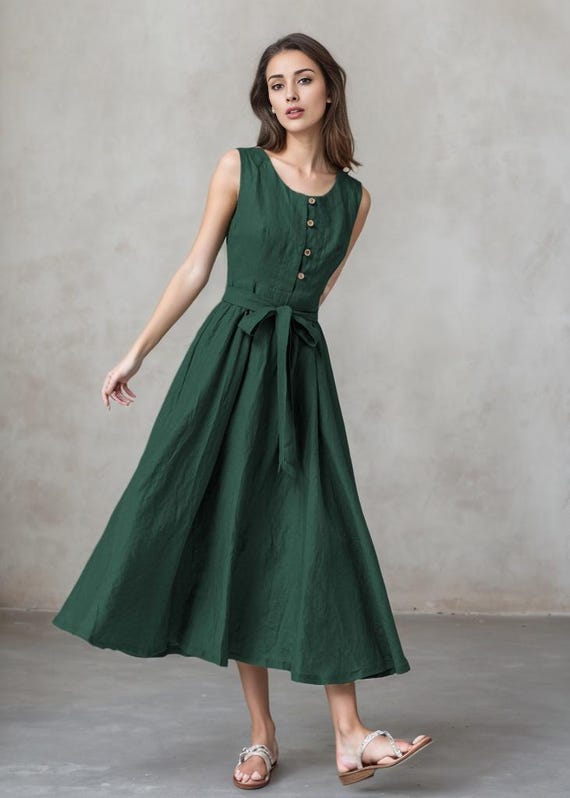 Green Linen Dress, Sleeveless Linen Dress, Casual Linen Midi Dress, Summer Belted Linen Dress with Pockets, Custom Dress, Xiaolizi 4182#