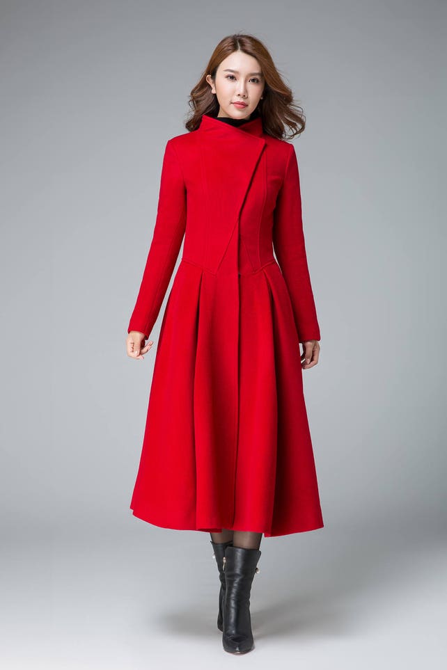 coats for women red winter coat asymmetrical coat pleated Etsy