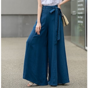 Womens Palazzo Belted Linen Pants, High Waisted Long Trousers, Blue Linen Pants, Women Wide Leg Pants, Custom Pants, Xiaolizi 4276 Blue