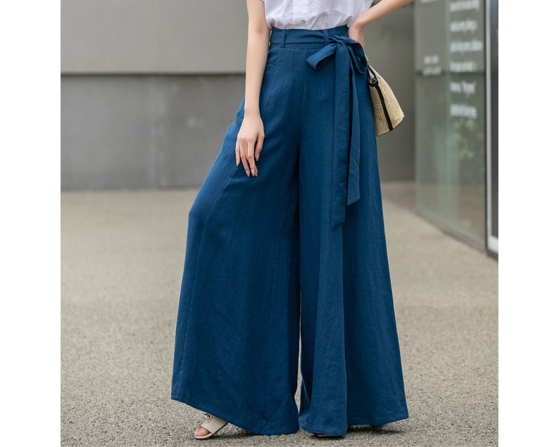 Womens Palazzo Belted Linen Pants, High Waisted Long Trousers, Blue Linen Pants, Women Wide Leg Pants, Custom Pants, Xiaolizi 4276 Blue