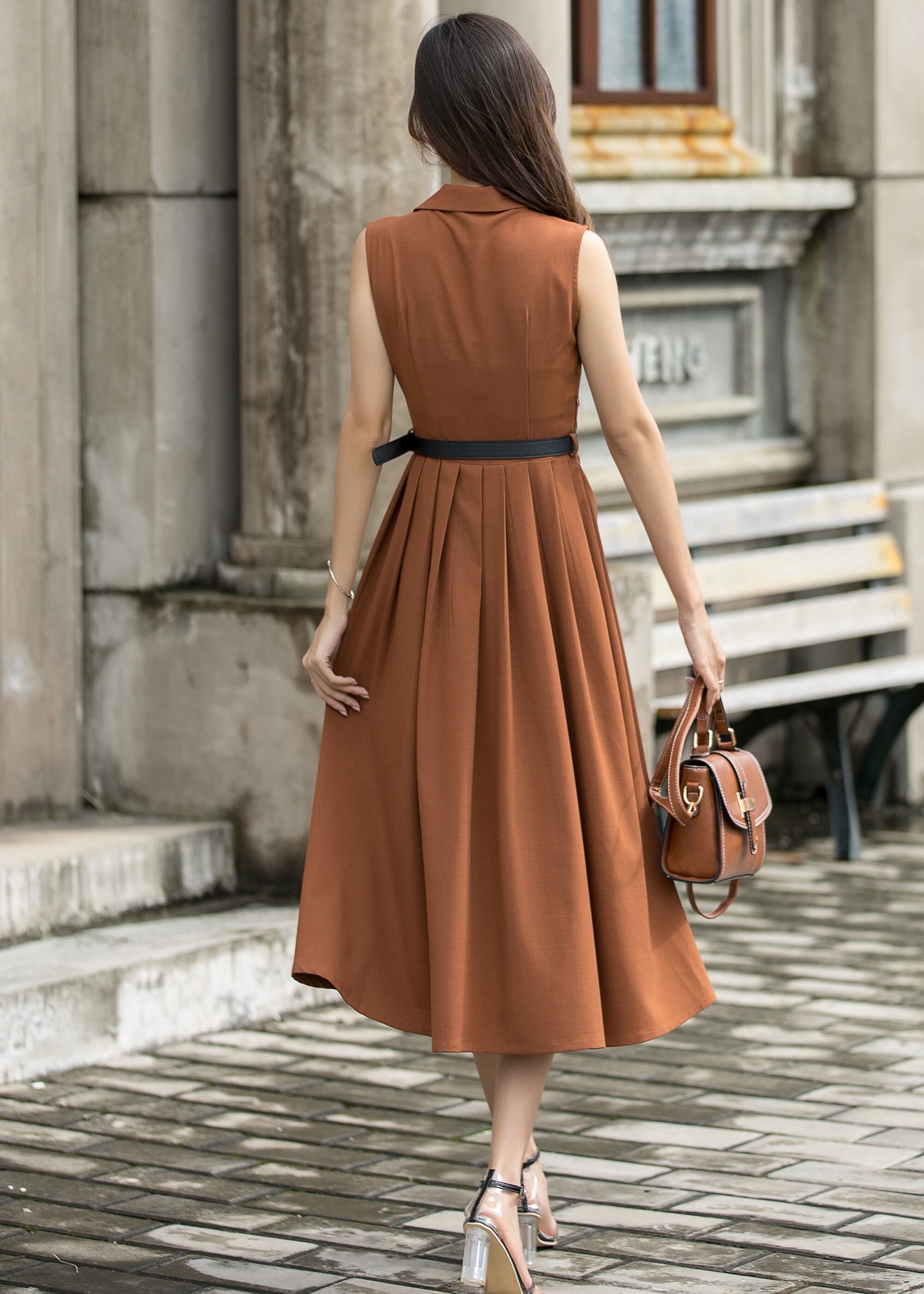 Semi-formal Sleeveless Shirt Dress, Womens Summer Brown