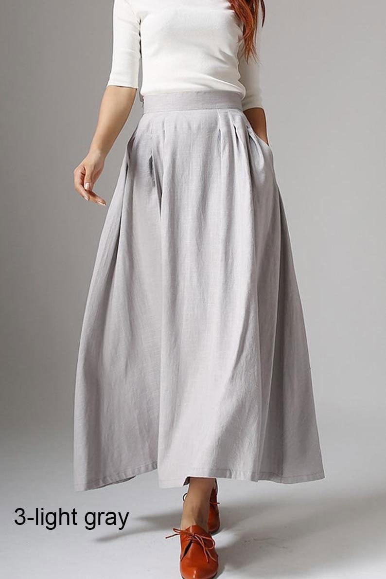 Pleated maxi skirt Long linen skirt Blue skirt linen skirt 3-light gray