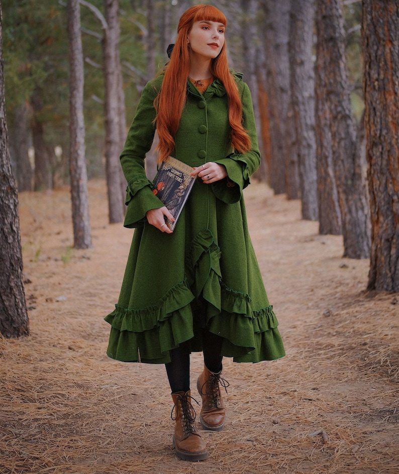 Steampunk Costumes, Outfits for Women     Green coat Hoodie coat wool coat winter coat women womens coat Maxi Coat women wool coat long coat designer coat warm coat 1120#  AT vintagedancer.com