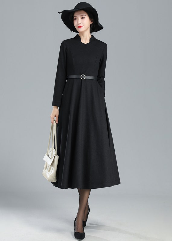 Black Long Wool Winter Dress Women 3251 Black Long Wool Winter Dress Women 3251