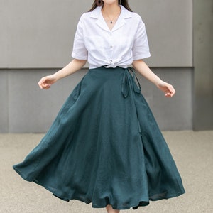 Green Swing Linen Skirt, Wrap linen skirt, Linen Midi Skirt, Linen Skirt with Pockets, A Line Skirt, Spring Custom Skirt, Xiaolizi 4269 image 3