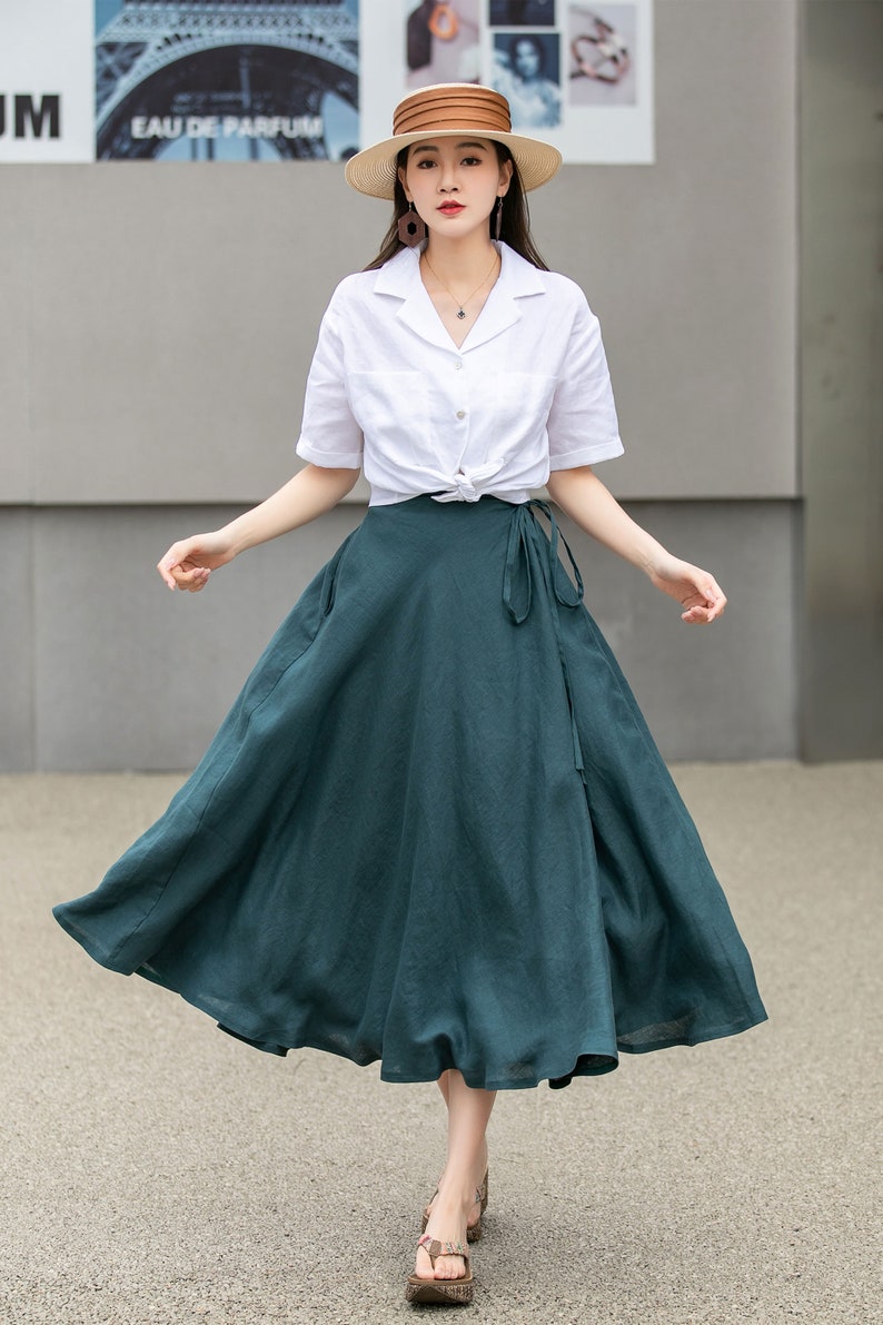 Green Swing Linen Skirt, Wrap linen skirt, Linen Midi Skirt, Linen Skirt with Pockets, A Line Skirt, Spring Custom Skirt, Xiaolizi 4269 image 3