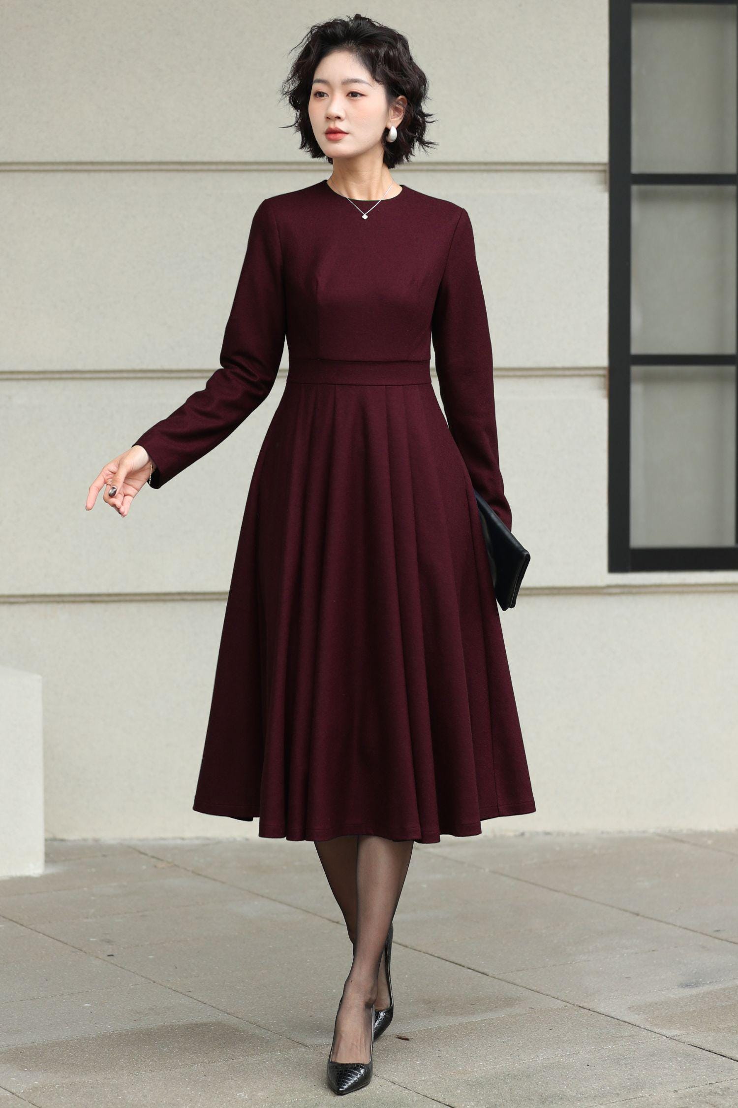 Burgundy Wool Midi Dress: Long Sleeve Formal Winter Wedding Guest Dress, Custom, Xiaolizi 6563 Burgundy Wool Midi Dress: Long Sleeve Formal Winter Wedding Guest Dress, Custom, Xiaolizi 6563
