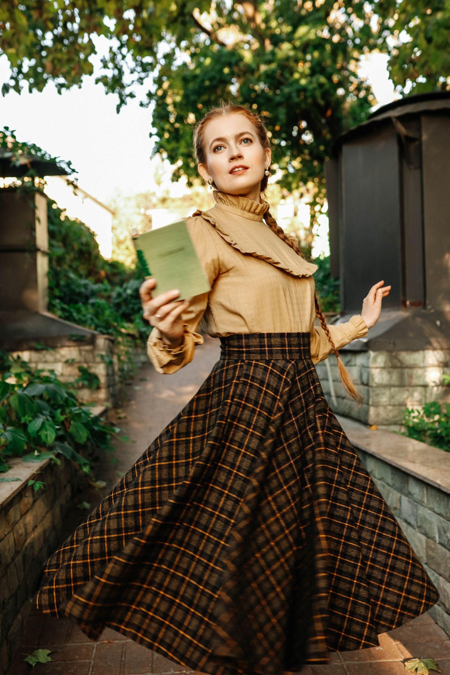 [SOMEWHERE BUTTER]★Vintage check wool skirt Retro Midi Wool Skirt, Warm Wool in Dark Green, Wool Walking