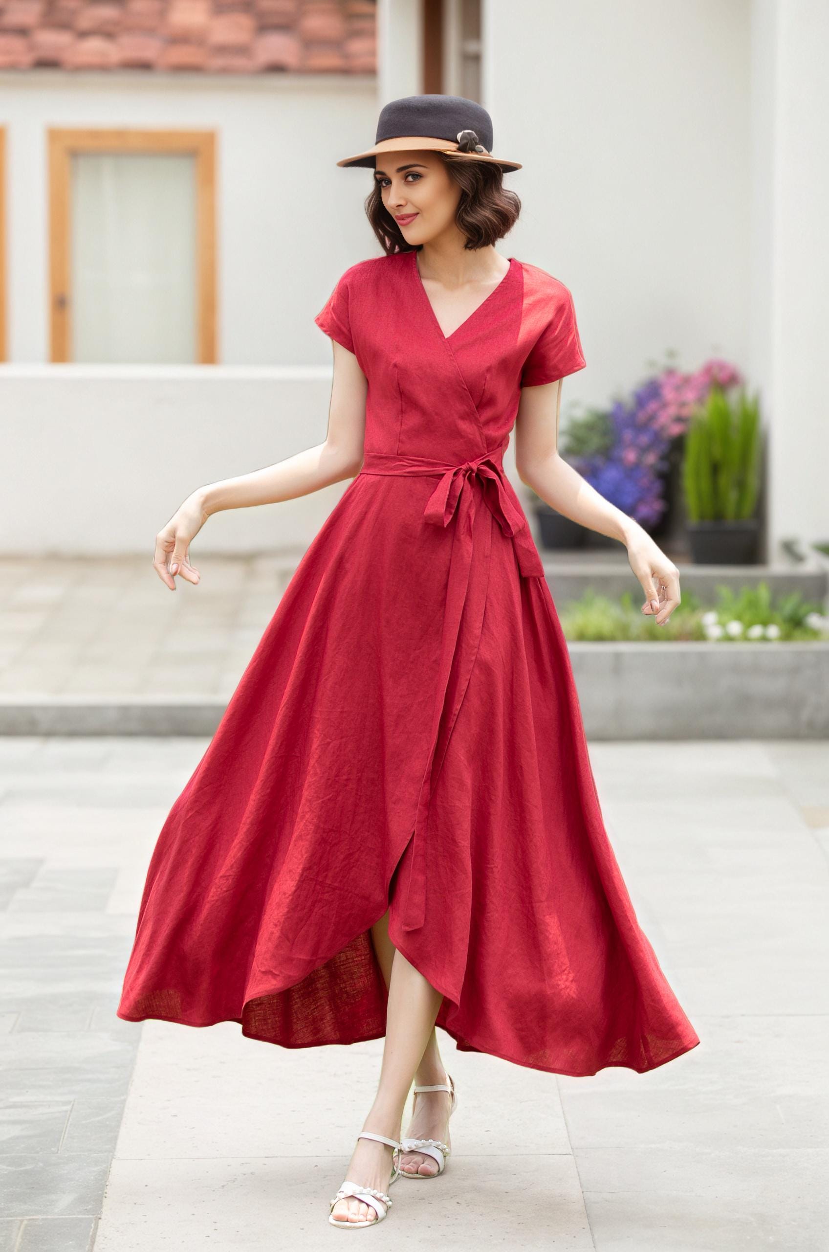 Wrap Linen dress, Short sleeve Red Linen Wrap dress, Summer Linen Midi dress, Womens dress, Long Linen dress, Handmade Linen dress 5202#