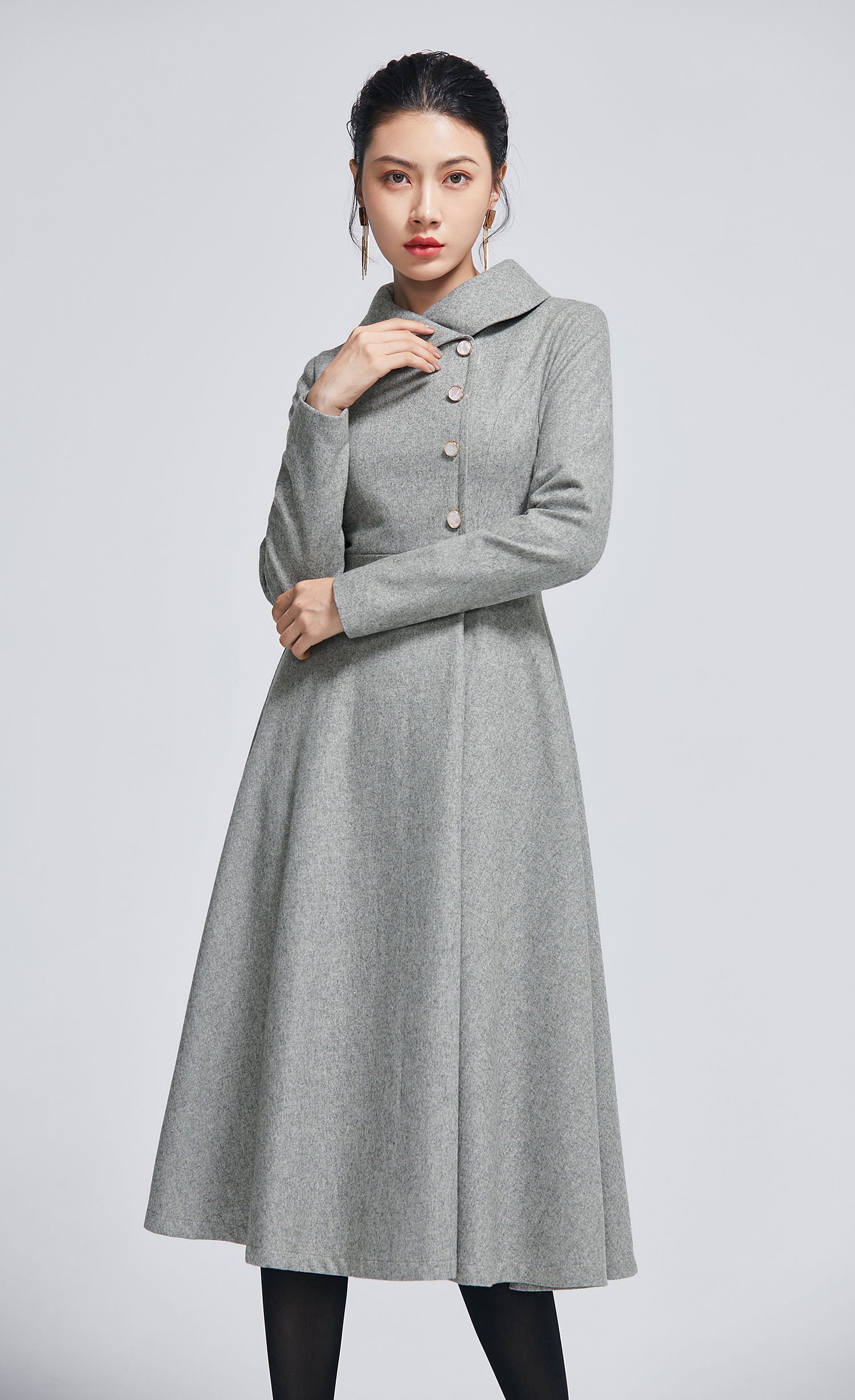 グレーウールのテーラードミディドレス ヴィンテージ風ウールドレス、冬用ウールドレス、グレーウール