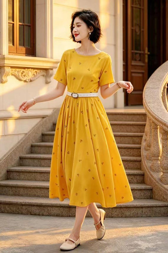 Yellow Floral Linen Midi Dress, Short Sleeve A-line Linen Dress, Embroidered Linen Summer Dress, Casual Elegant Linen Dress, Xiaolizi 6817