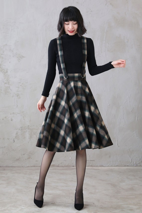 Suspender Skirt Women, Tartan Plaid Wool Circle Skirt, Vintage