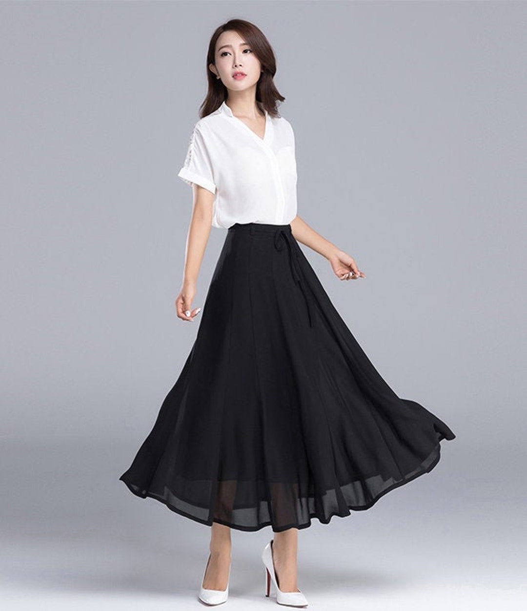 Kcocoo Womens Solid Pleated Elegant Midi Elastic Waist Maxi Skirt Chiffon  Black S 