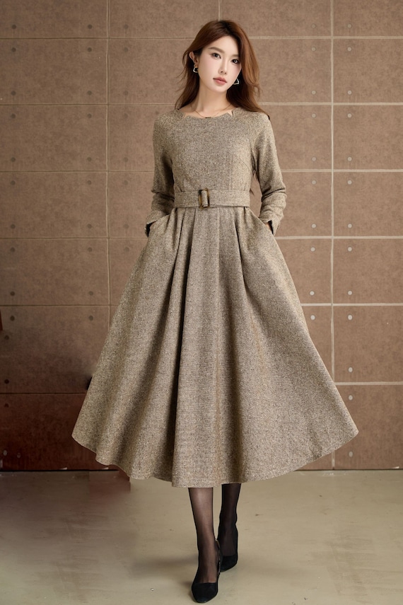Handmade Mandarin collar plaid winter wool dress women 2295 Handmade Mandarin collar plaid winter wool dress women 2295