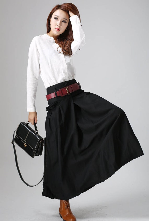 long black skirt linen clothing womens skirt pleated skirt | Etsy