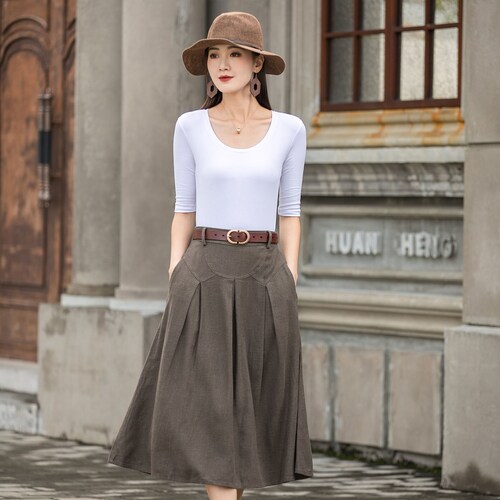 Brown Long Linen Skirt A Line Skirt With Pocket High Waist - Etsy