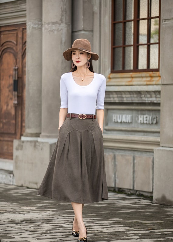 Linen Midi Skirt, Brown A Line Skirt Women, High Waist Skirt With Pocket,  Fall Spring Skirt, Pleated Skirt, Plus Size Skirt, Xiaolizi K2781 -   Canada