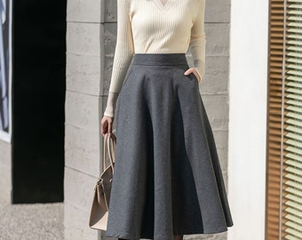 Gray Midi Wool Skirt, Winter Swing Skirt Women, Long Wool