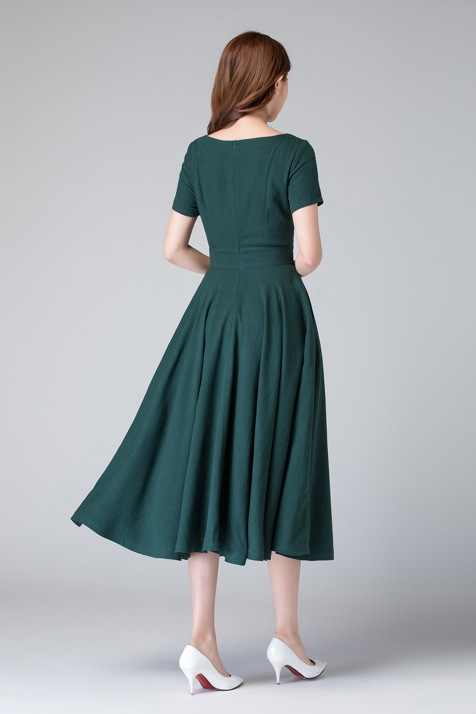 midi swing dress formal Vintage Lace Swing Dress for Women - 1950s V Neck 3/4 Sleeve Belted A-Line  Midi Dress