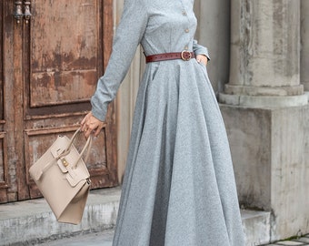 grey wool long sleeve dress Grey Wool Midi Dress – Long Sleeve Elegant Winter Dress with Pockets 3849 Grey / XS main image 1