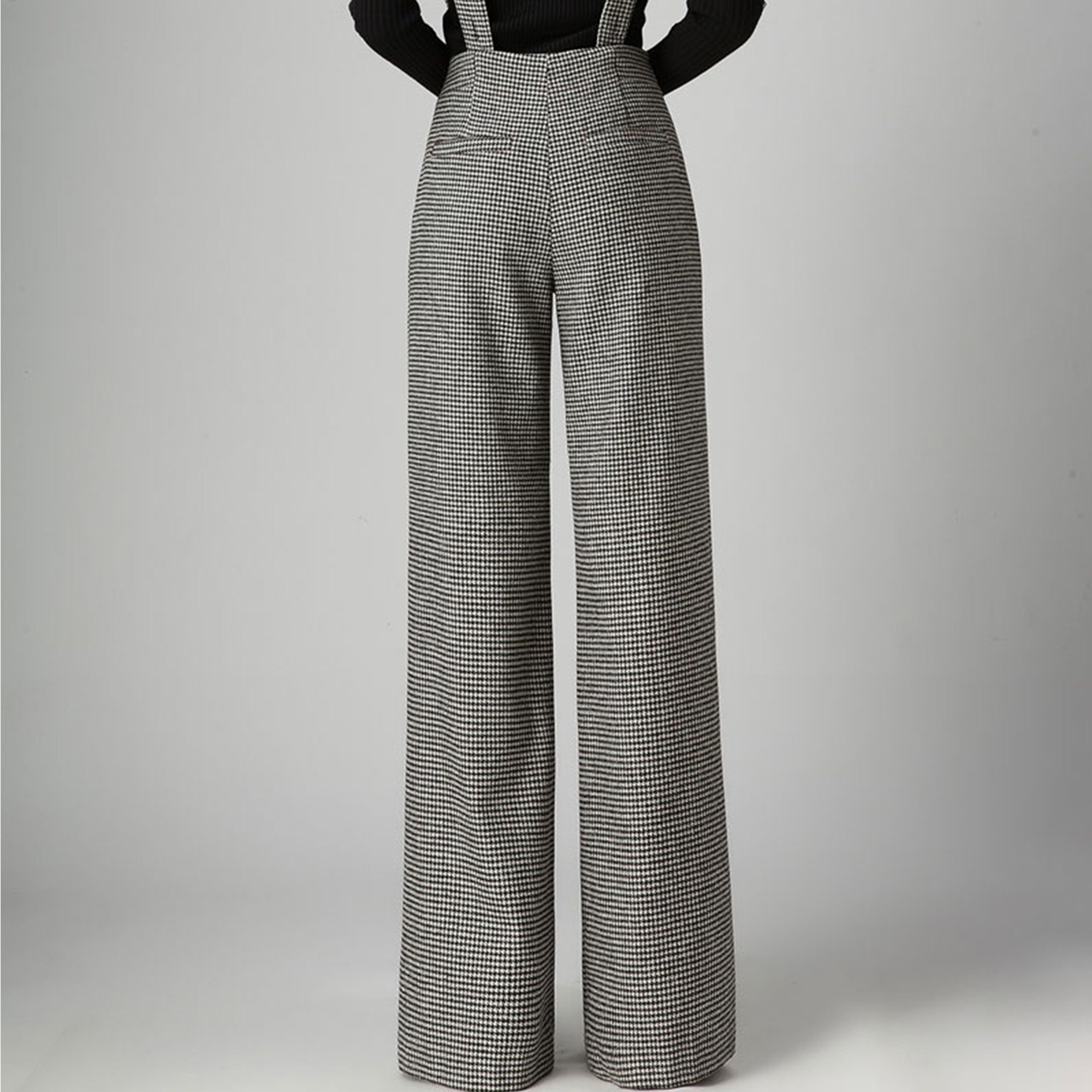 Gray Plaid Suspender Wool Pants Women, Autumn Winter
