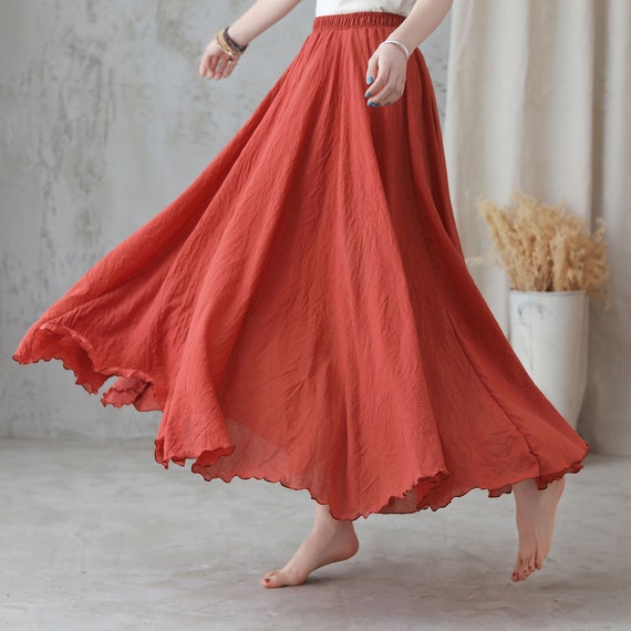 Elastic Waist Skirt Dress Maxi Skirt A Line Women Cotton Linen Pleated Beach