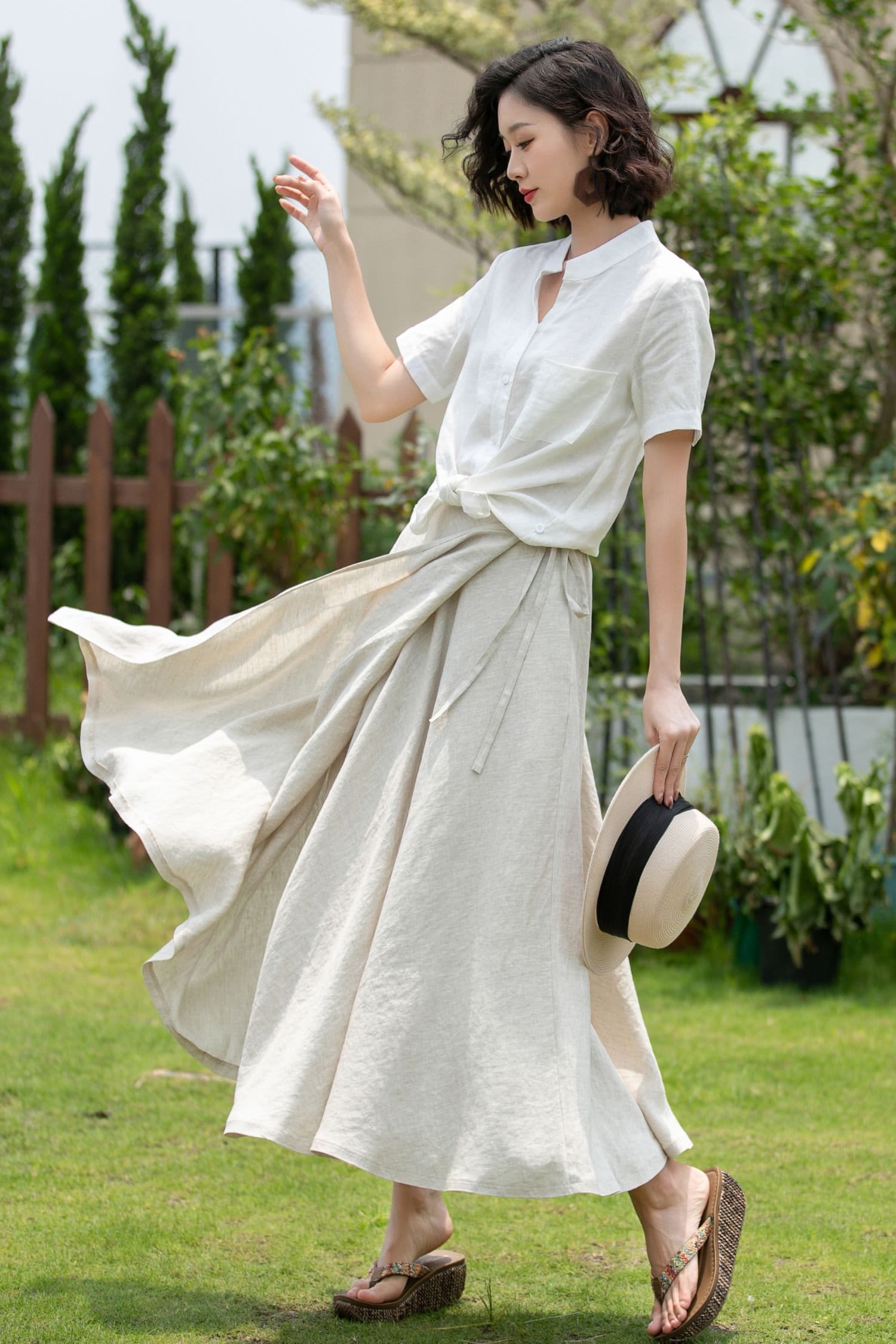 White Swing Linen Skirt, Wrap Linen Skirt, Linen Midi Skirt, Linen
