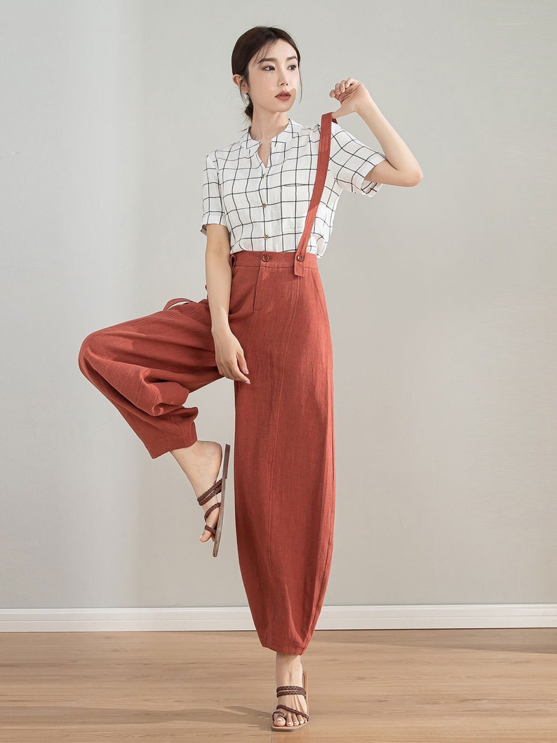 Red Suspender linen Pants, Womens Baggy Linen Pants, Spring Summer Linen Pants, Vintage Inspired Long Pants, Custom Pants, Xiaolizi 4212 image 5