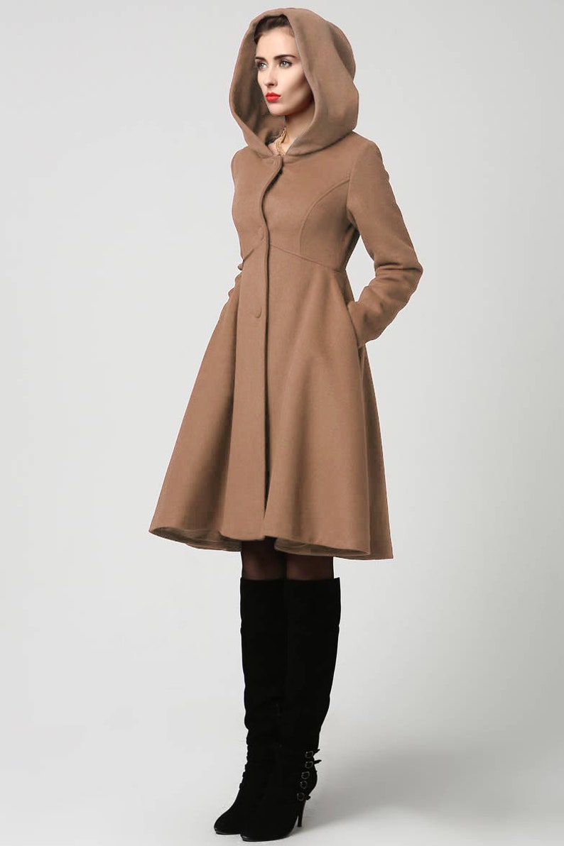 Wool Princess coat, Wool coat women, winter coat women, Hooded coat, Vintage inspired Swing coat, Hooded wool coat, Custom made coat 2647 5-Brown