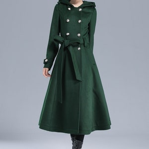 Damen Trenchcoat, Militärmantel Damen, Grüner langer Wollmantel mit Kapuze, Wintergürtel Swing Coat, doppelreihige Prinzessin Mantel 3212 Bild 8