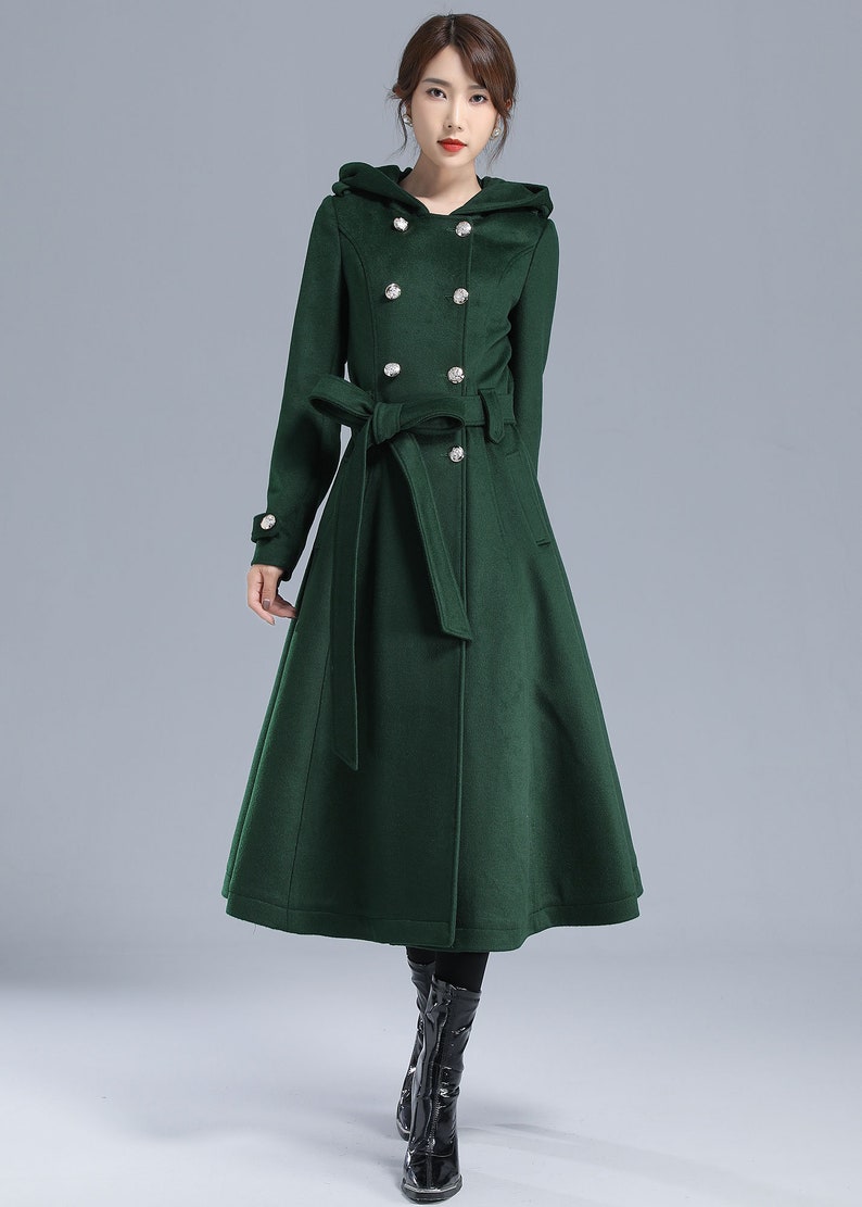 Damen Trenchcoat, Militärmantel Damen, Grüner langer Wollmantel mit Kapuze, Wintergürtel Swing Coat, doppelreihige Prinzessin Mantel 3212 Bild 8