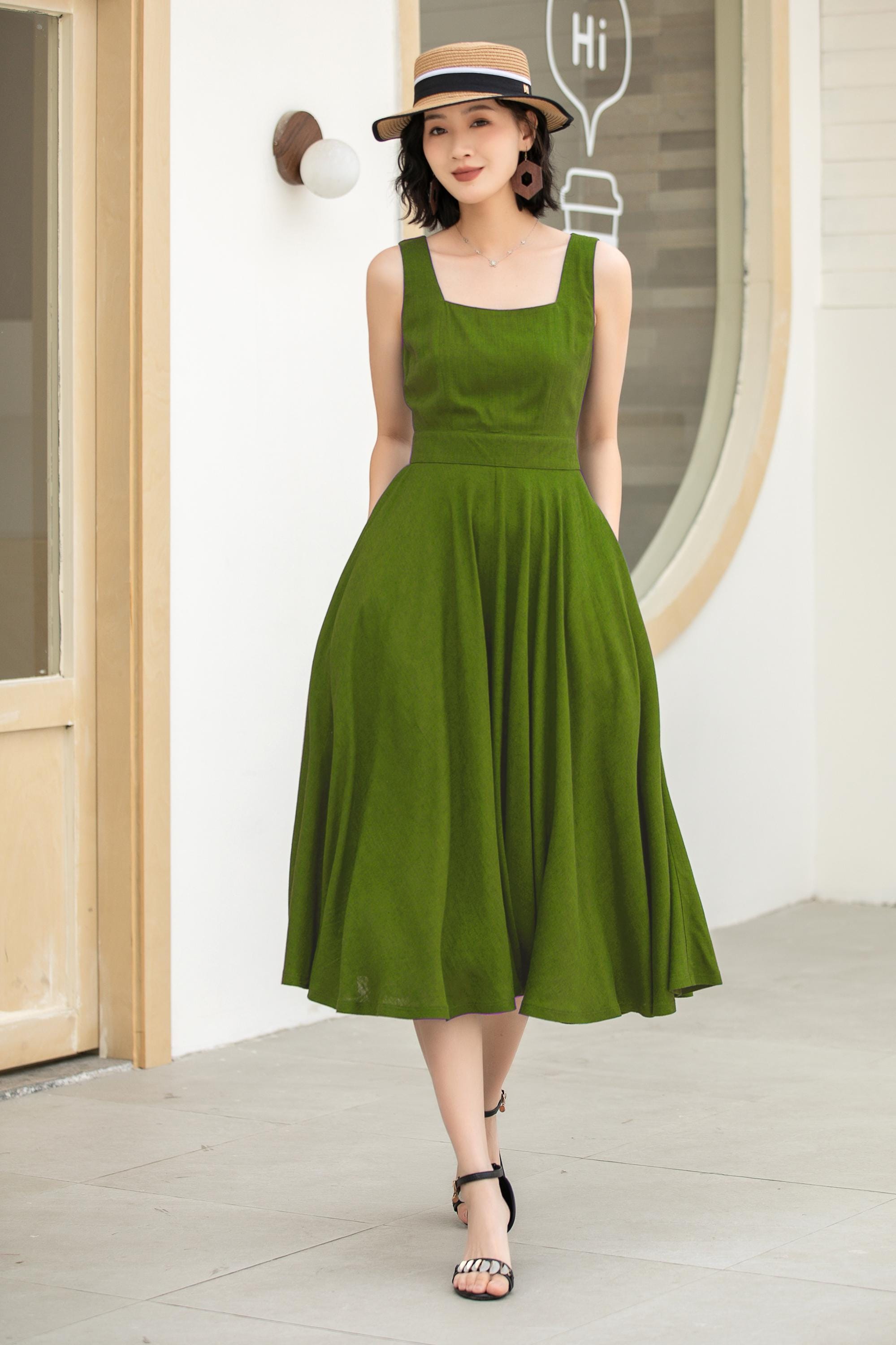 Pinafore Dress, Stylish Deep Green A-Line Linen Suspender Dress with Square Neckline - Perfect for Casual Outings, Garden Parties 5860# Pinafore Dress, Stylish Deep Green A-Line Linen Suspender Dress with Square Neckline - Perfect for Casual Outings, Garden Parties 5860#