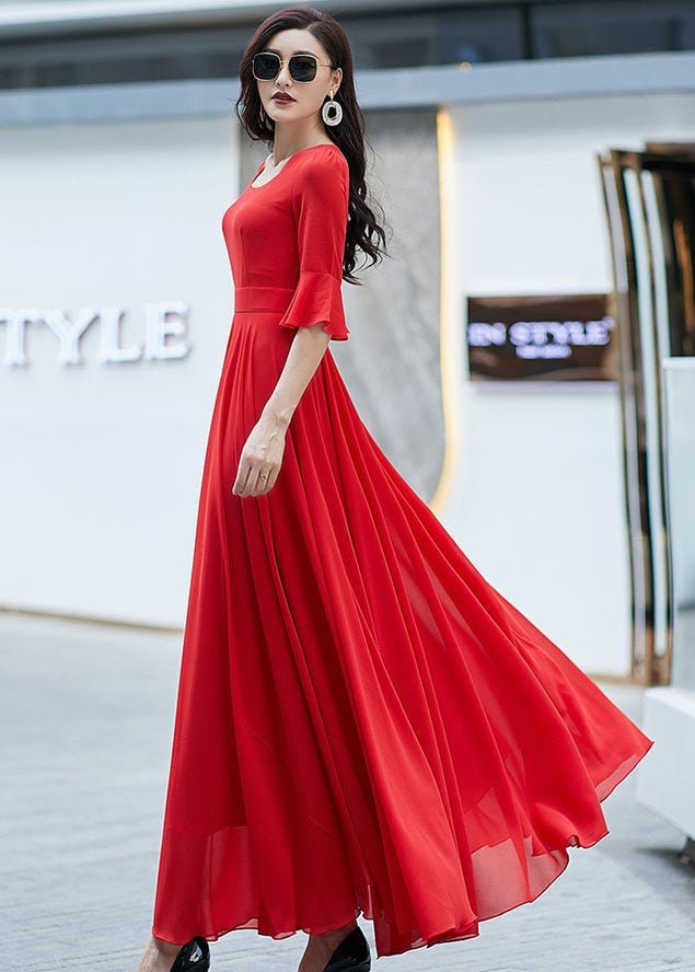 open lace back dress Flowy Red Chiffon Long Open Back Front Split Prom Dresses Fashion Dresses main image 1