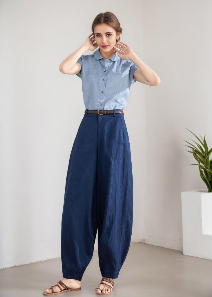Blue Baggy Linen Pants, Tapered Linen Pants, Wide Leg Linen