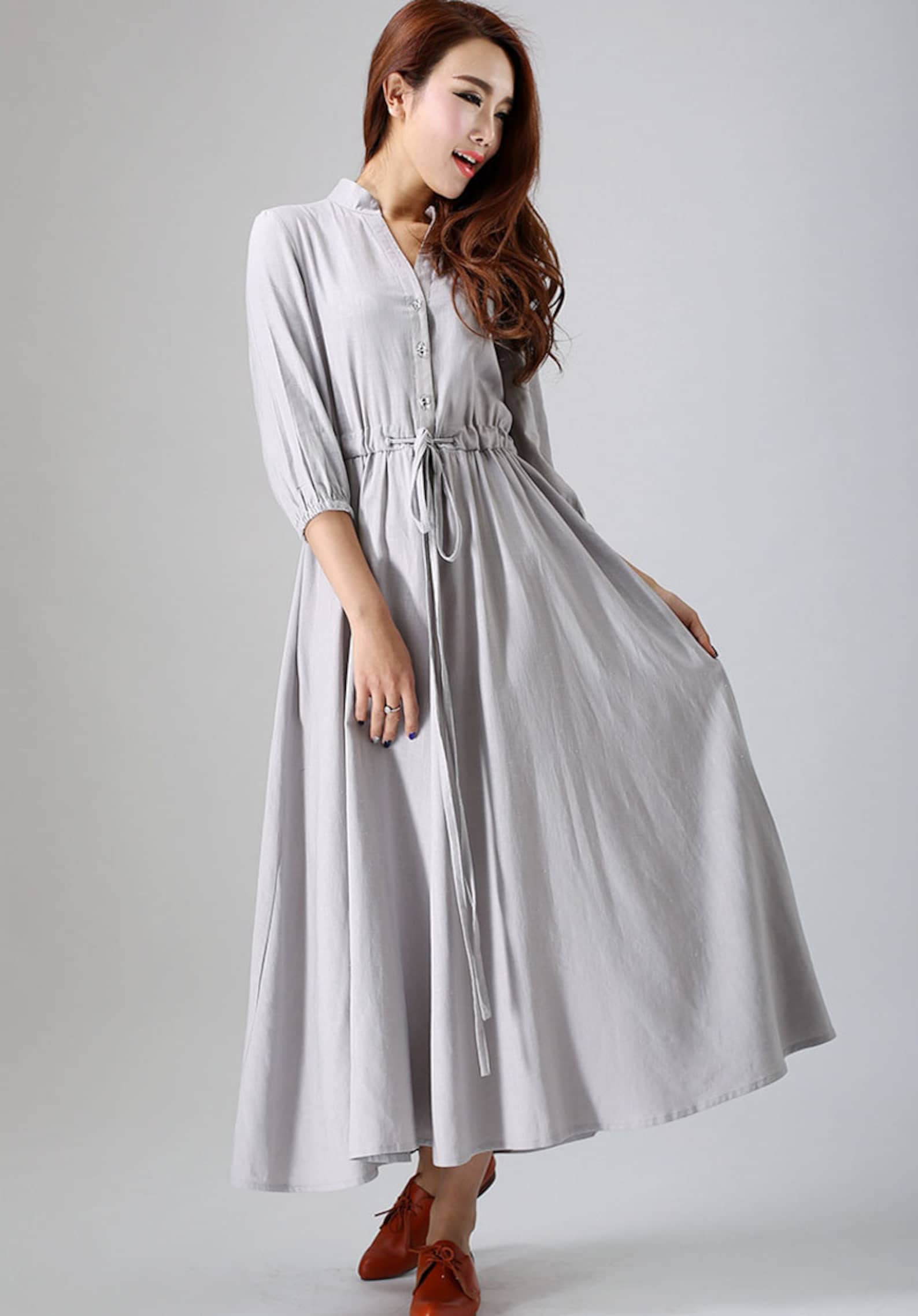 Red Linen Shirt Dress Casual Oversize Spring Midi Dresses