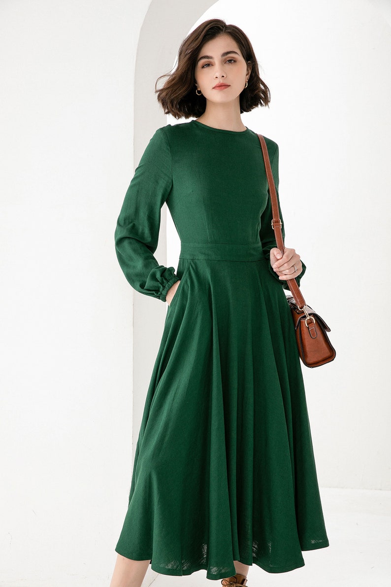 Linen Dress Women's Green Linen Midi Dress Fit and Flare Etsy