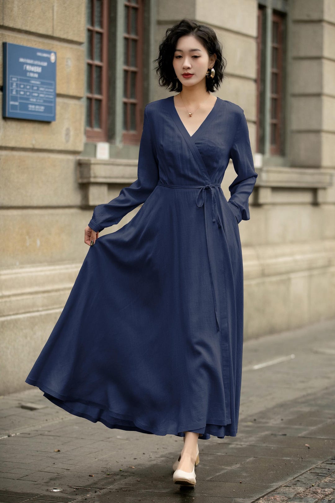 Vestido largo cruzado de lino azul marino para otoño e invierno